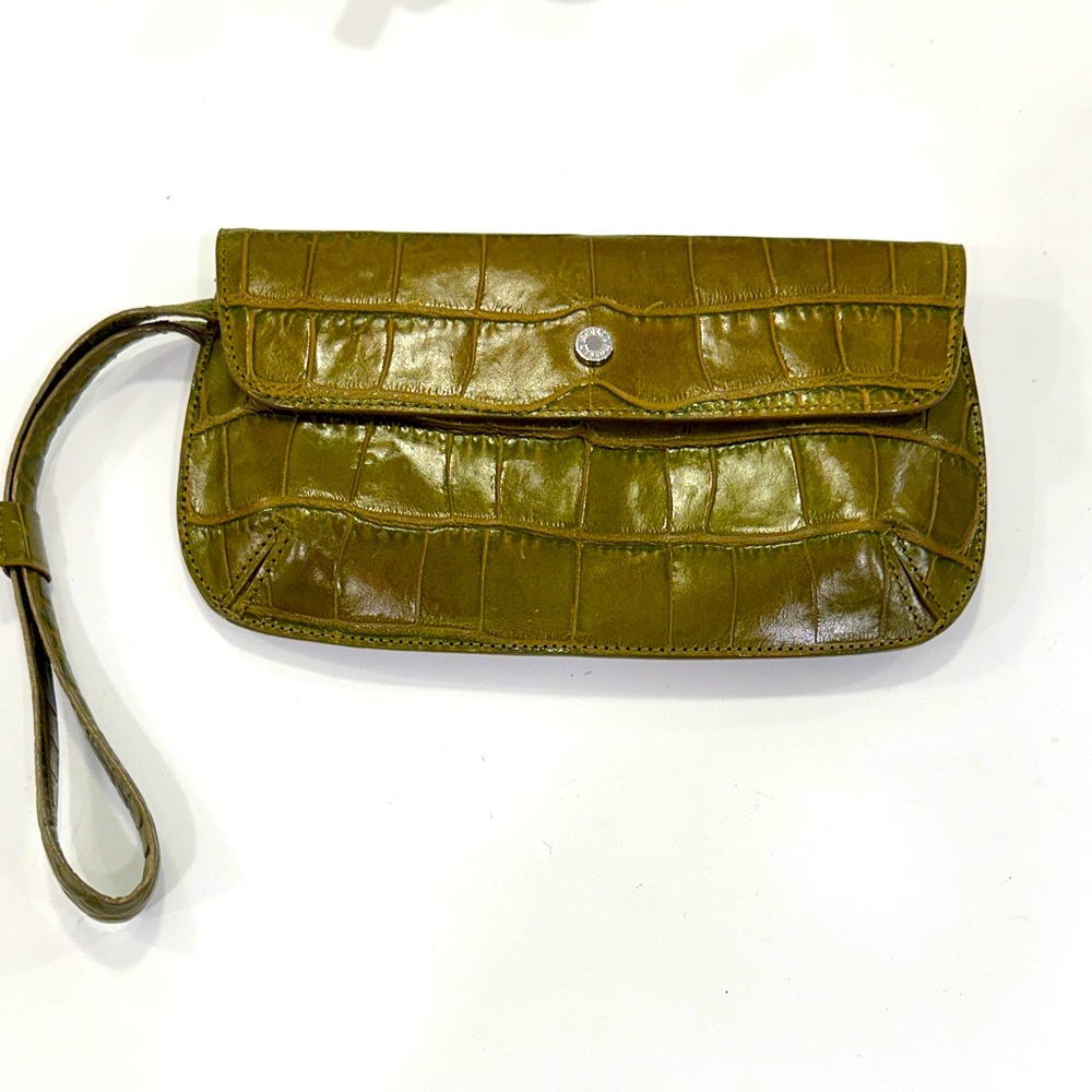 Monsac Original Olive Green Leather Crocodile-Embossed Clutch